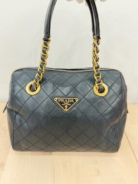 Prada Quilted Black Leather Satchel /Hand Bag with Gold Chain and Handles leathe